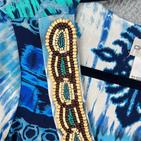 Chico's Top Womens 0 Small Blue Blouse Printed Tunic Heavily Beaded Scoop Neck - Picture 5 of 11